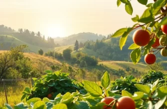 A vibrant orchard under sunlight, filled with fresh vegetables and fruits.