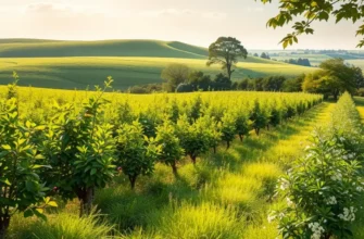 A scenic view of an organic farm showcasing a breathtaking array of fruits and vegetables bathed in sunlight.
