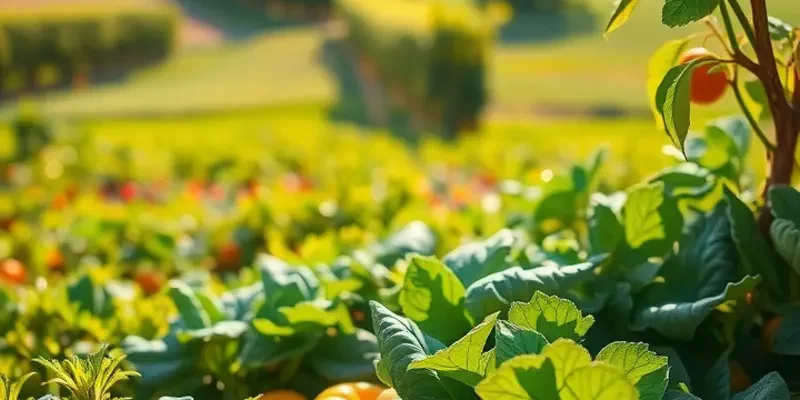 A picturesque field filled with fresh vegetables and fruits representing healthy eating.