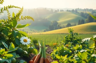 A lush green landscape featuring a variety of organic produce in a serene environment.