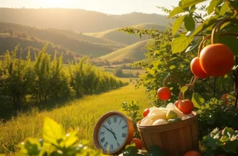 A lush field displaying a variety of organic vegetables and fruits in bright sunlight.