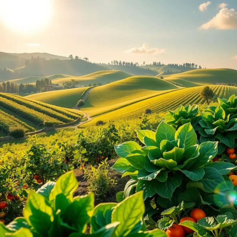 A sunlit field abundant with fresh produce symbolizing essential nutrients for brain health.