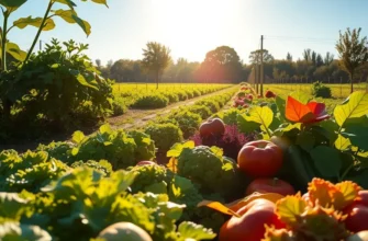 A scenic field of organic vegetables and fruits under warm sunlight, symbolizing abundance and nourishment.
