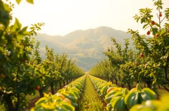 A scenic view of a field full of vibrant, organic vegetables and fruits growing naturally.