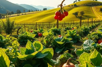 Sunny field with various organic vegetables and fruits, symbolizing healthy nourishment.