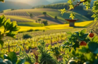 A lush orchard with vibrant fruits and vegetables under soft, warm sunlight, symbolizing abundance.