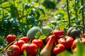 A picturesque field filled with healthy organic vegetables and fruits under soft, warm lighting.