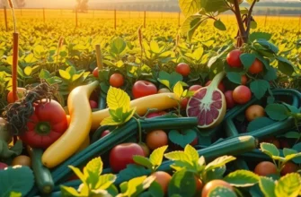 A tranquil sunlit field showcasing an abundance of fruits and vegetables among lush greenery.