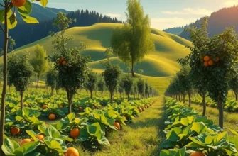 A vibrant landscape showcasing a bountiful orchard of fresh fruits and vegetables.