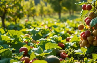A vibrant sunlit field of organic fruits and vegetables representing healthy nutrition and freshness.