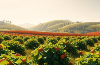A serene sunlit landscape showcasing vibrant organic vegetables and fruits growing naturally.