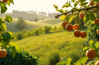 A tranquil scene showcasing a field of fresh vegetables and fruits, surrounded by nature.