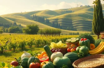 A picturesque garden full of vibrant vegetables and fruits growing under the sun, representing fresh cooking.