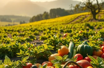 A sunlit field with fresh vegetables, representing organic growth and abundance.