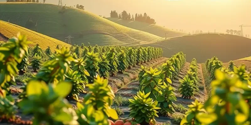 A vibrant sunlit field filled with an array of fruits and vegetables growing in harmony with nature.