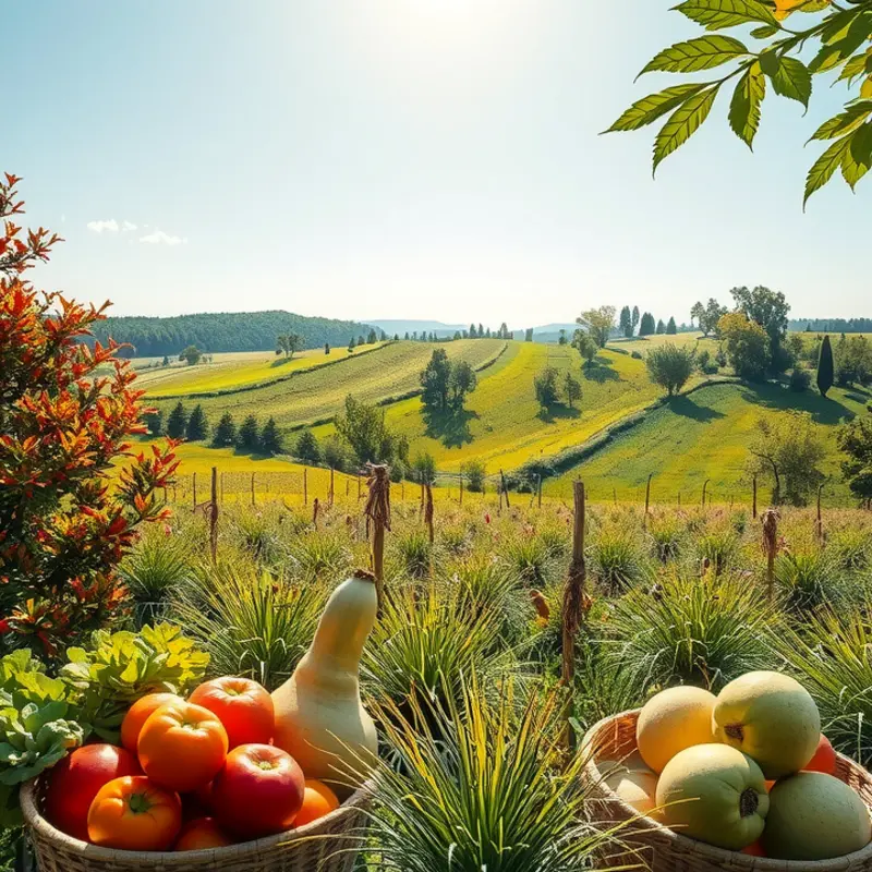 Vibrant vegetables and fruits thriving in a sunlit, organic landscape, symbolizing nutritional abundance for emotional health.