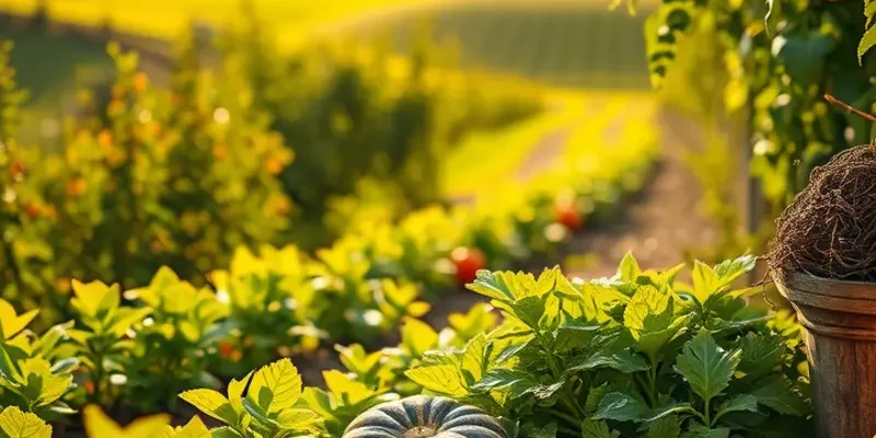 A beautiful sunlit landscape showcasing abundant organic fruits and vegetables.