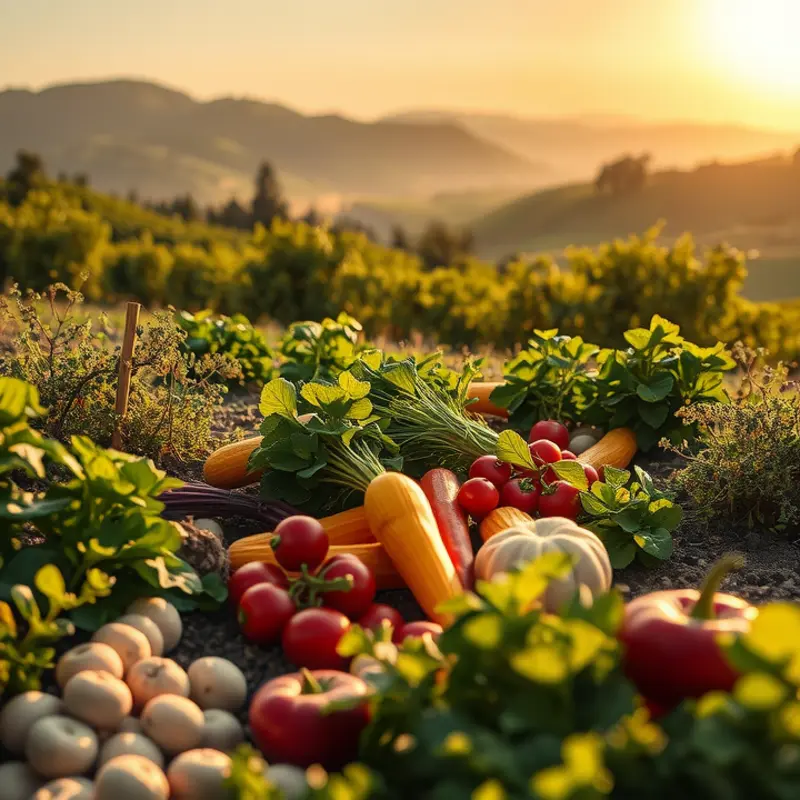 A sunlit field showcasing a variety of vibrant fruits and vegetables.