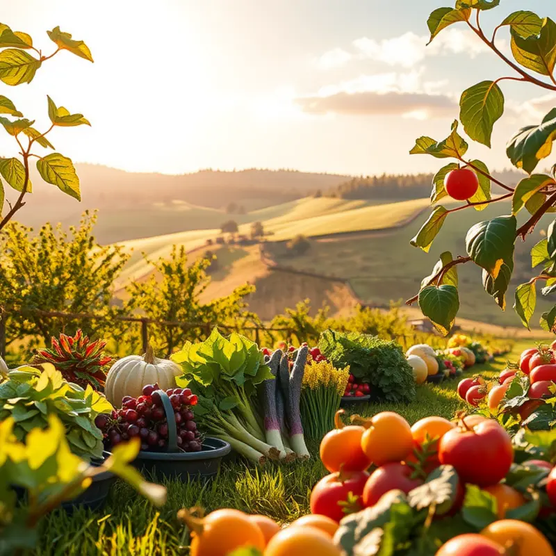 A sunlit field showcasing a variety of vibrant fruits and vegetables.