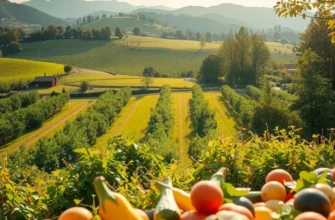 A sunlit landscape featuring a rich assortment of fruits and vegetables, representing healthy meal choices.