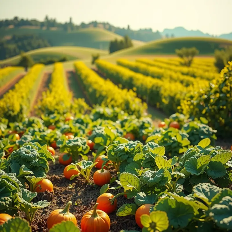 A lush field full of vibrant vegetables and fruits under warm sunlight.