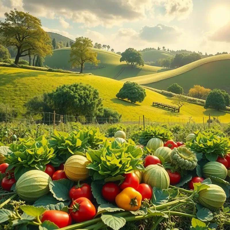Nature’s bounty of colors: fresh vegetables and fruits in a sunlit field.