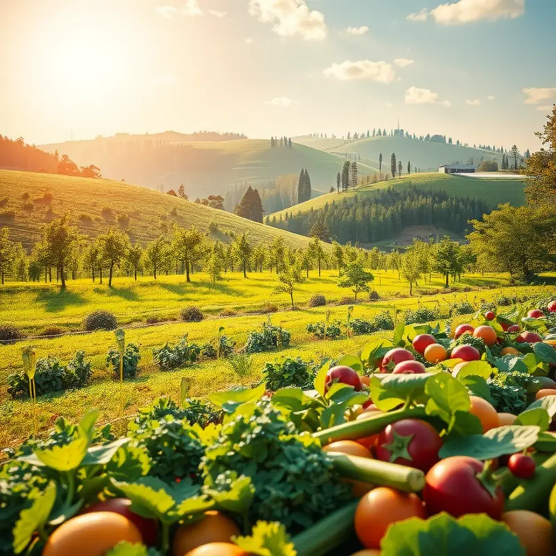 A sunlit field showcasing vibrant, organic vegetables and fruits.