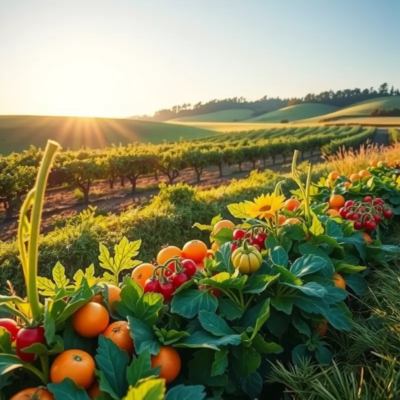 A vibrant fruit orchard bathed in sunlight, symbolizing the natural goodness of fruits.