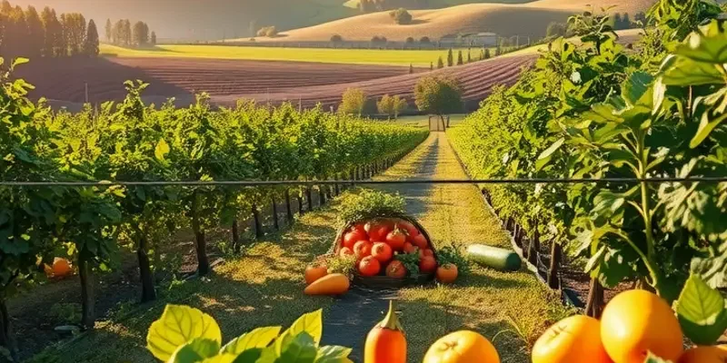 A beautiful landscape showcasing a thriving organic garden with abundant fruits and vegetables.