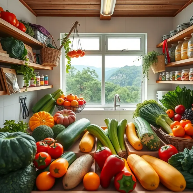 A vibrant organic field filled with lush vegetables and fruits under soft sunlight.