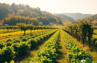 A serene landscape featuring vibrant vegetables and fruits growing in a lush, sunlit field.