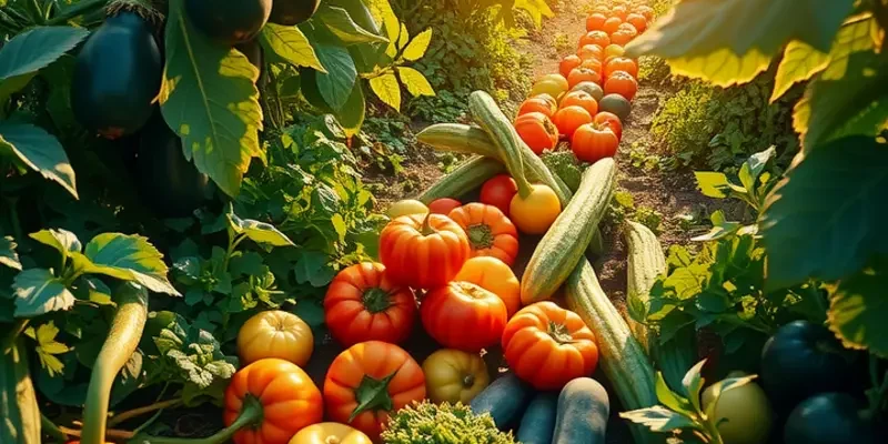 A lush, vibrant landscape filled with various fruits and vegetables under a clear sky, emphasizing healthy, organic food.