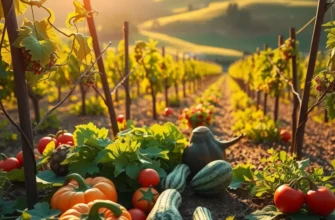 A beautiful sunlit field filled with vibrant fruits and vegetables growing naturally.