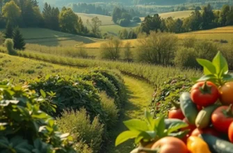 A sunlit field with fresh vegetables and fruits symbolizing nutrition and gut health.