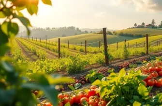 Scenic view of a lush, sunlit field with vibrant fruits and vegetables illustrating healthy nutrition.