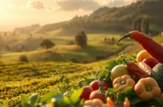 A scenic view of a lush field adorned with colorful vegetables and fruits under natural light.