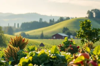 A landscape depicting a sunlit field with vibrant fruits and vegetables, symbolizing healthy nutrition.