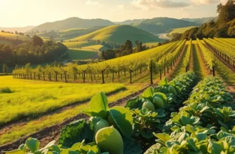 A scenic view depicting organic fruits and vegetables growing in nature.