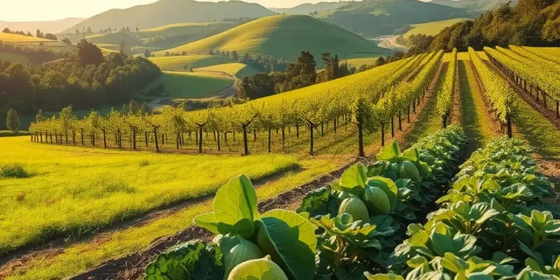 A scenic view depicting organic fruits and vegetables growing in nature.