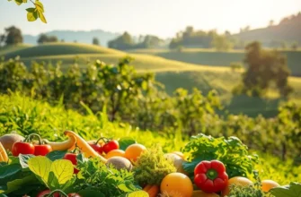 A beautiful landscape of fruits and vegetables growing in a healthy, natural environment.