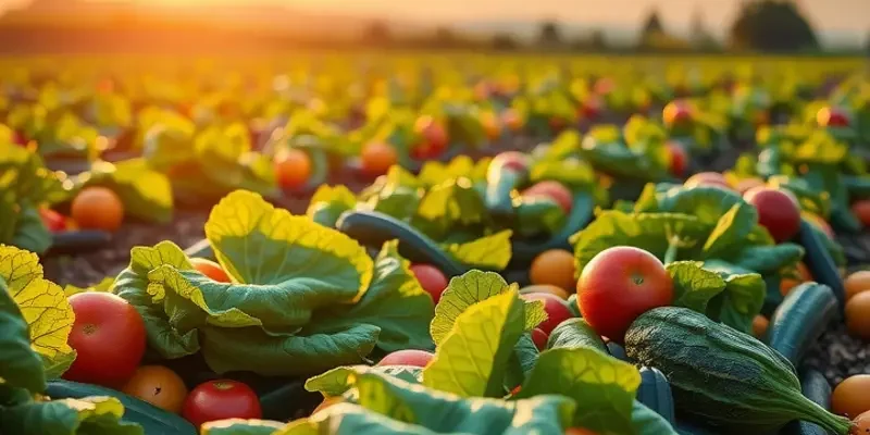 A sunlit field filled with organic vegetables and fruits symbolizing healthy nutrition choices.