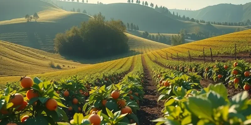 A scenic depiction of a sunlit field full of fresh vegetables and fruits.