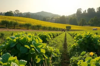 Field of healthy organic produce under warm sunlight.