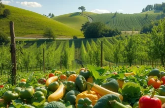 Vibrant landscape filled with healthy fruits and vegetables, symbolizing nutrient-rich eating.