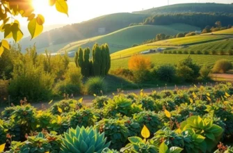 An expansive landscape showcasing healthy organic fruits and vegetables in a sunlit environment.