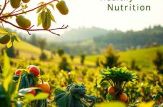A serene landscape illustrating healthy nutrition with vibrant fruits and vegetables in a natural setting.