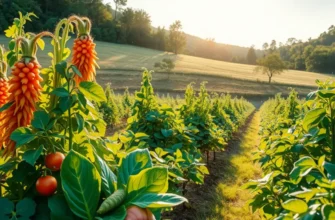 Lush green field filled with vibrant organic fruits and vegetables under a golden sun.