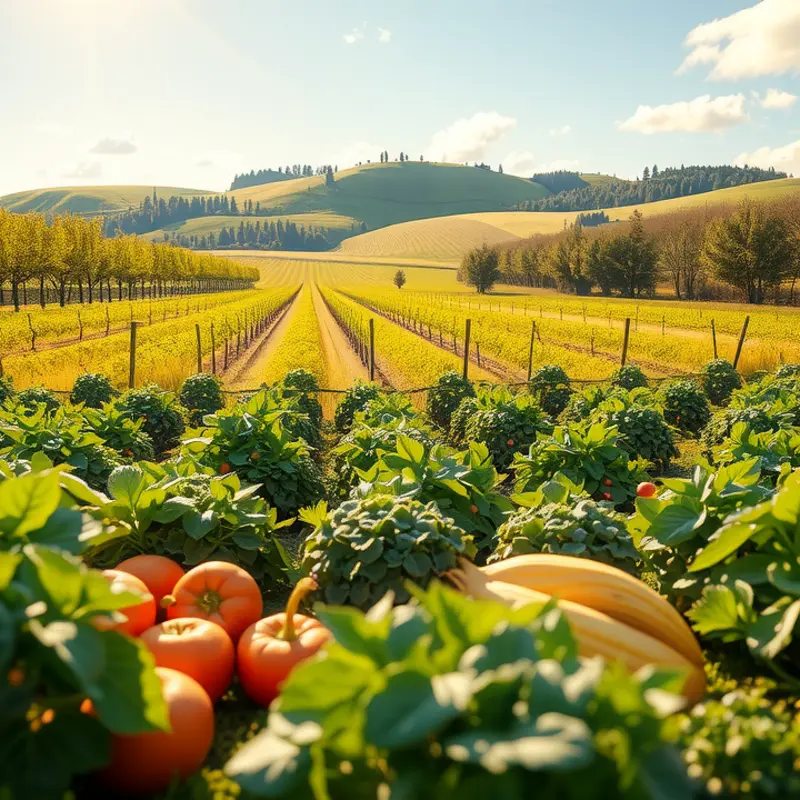 A sunlit landscape showcasing organic herbs and vegetables.
