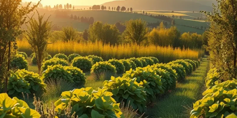 A picturesque orchard with various fruits and vegetables under sunlight, showcasing natural hydration.