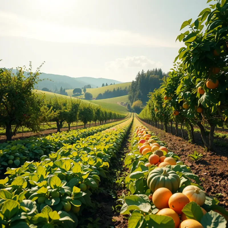 A scenic orchard bursting with vibrant fruits that promote hydration.